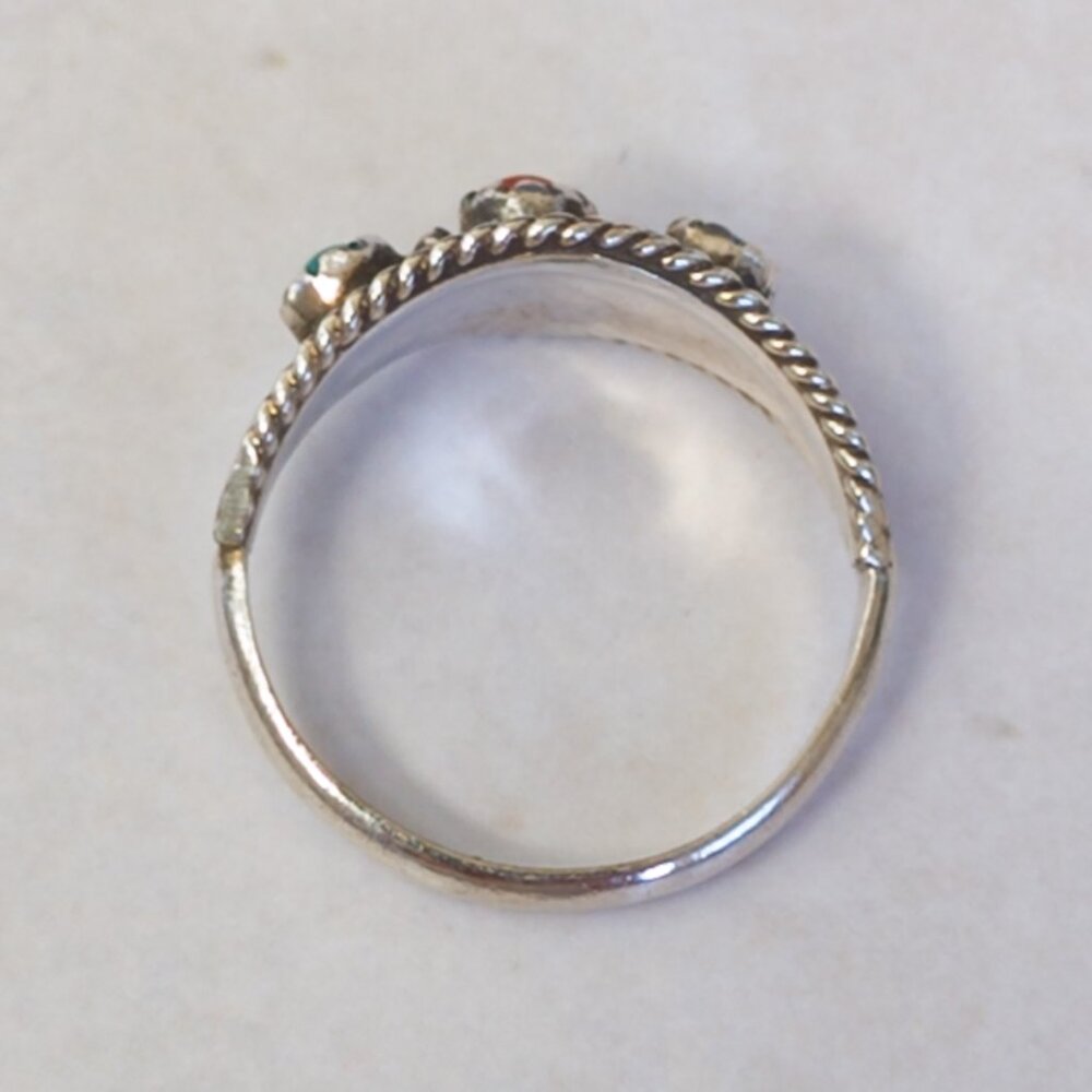 Sterling Silver Turquoise & Coral Trio Ring, Sz 5.5 — Southwest twist-wire - Picture 6 of 13